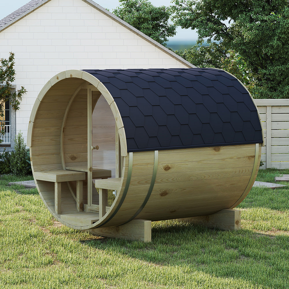 Luxury Outdoor Barrel Sauna with Porch | Scandinavian Cedar Design for Backyard Wellness(SV-14)