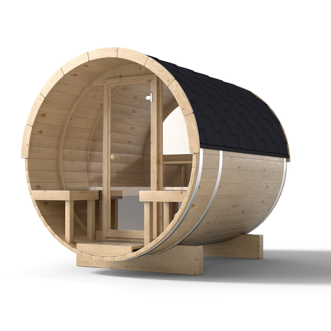 Luxury Outdoor Barrel Sauna with Porch | Scandinavian Cedar Design for Backyard Wellness(SV-14)