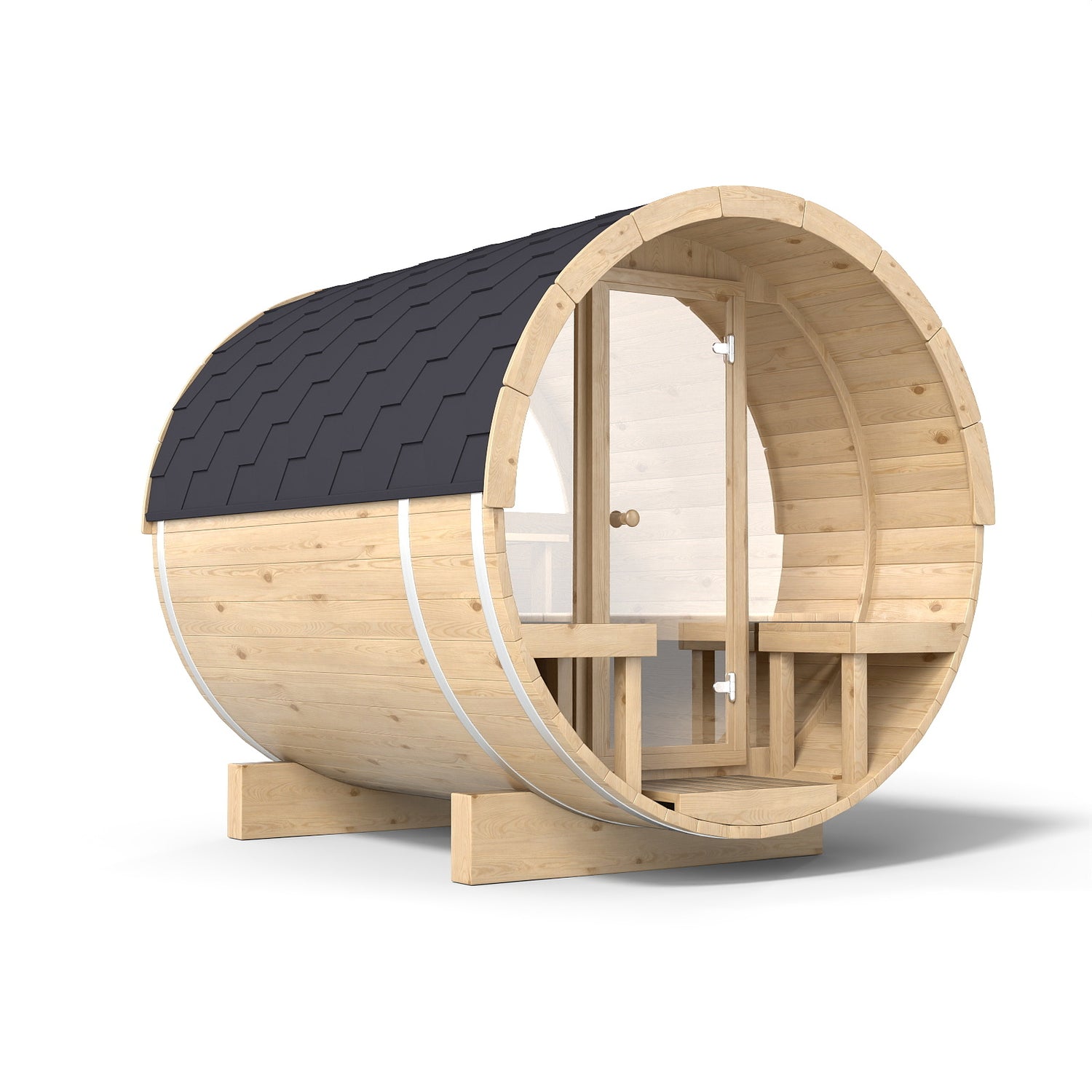 Luxury Outdoor Barrel Sauna with Porch | Scandinavian Cedar Design for Backyard Wellness(SV-14)