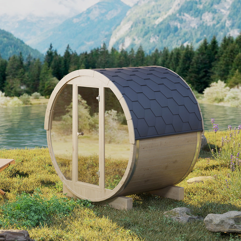 Svalasauna Premium Outdoor Barrel Sauna with Full Glass Front | Luxury Wooden Wellness Cabin（SV-12）